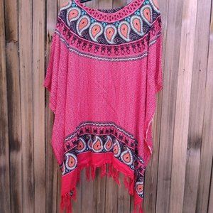 Womans Festive Poncho Shawl Red Light Weight Rayon Fringe Pullover NWT